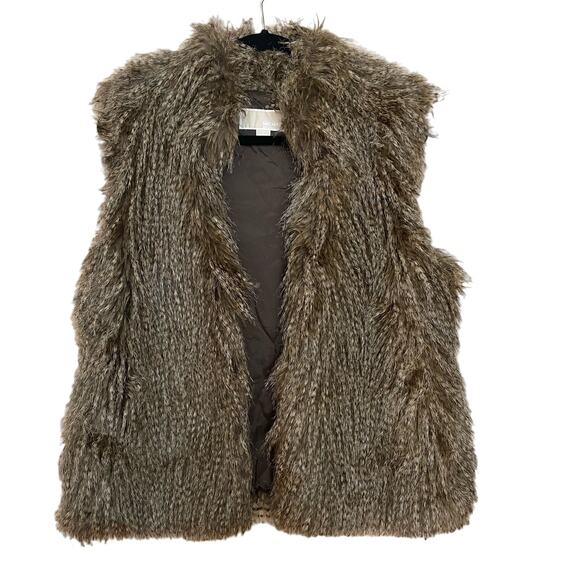 Michael Kors Womens Faux Fur Vest Brown Black Size Large Two Clasp Closure - Picture 1 of 7